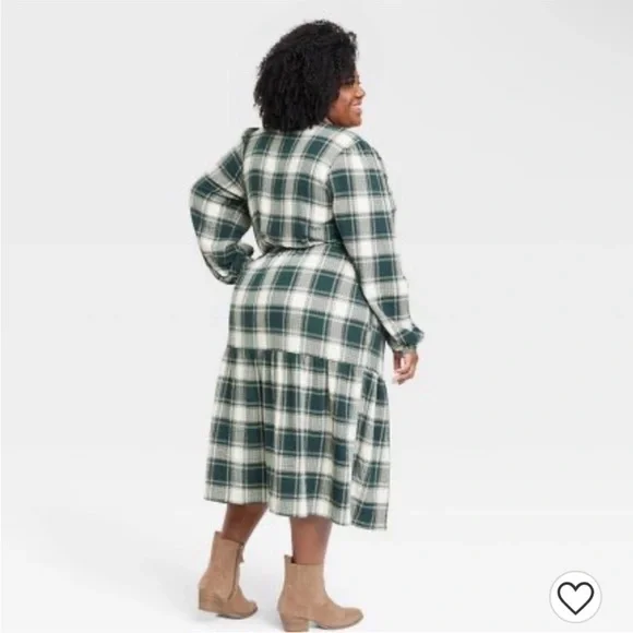 Knox Rose Green & Ivory Plaid Button-Front‎ Long Sleeve Midi Dress Sz 2X Plus - Picture 2 of 16